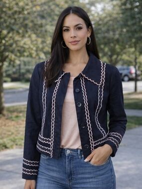 Boden Embroidered Jacket Navy Women's Size 6 Boho Lightweight Coat